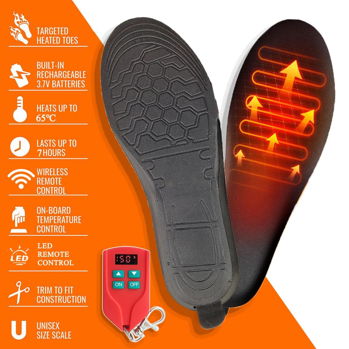 Semelles Chauffantes Rechargeables - Taille L (41-46) - Télécommande, 3 Températures, Autonomie 3,5-5,5 H - Pour Ski, Camping, Travail En Extérieur