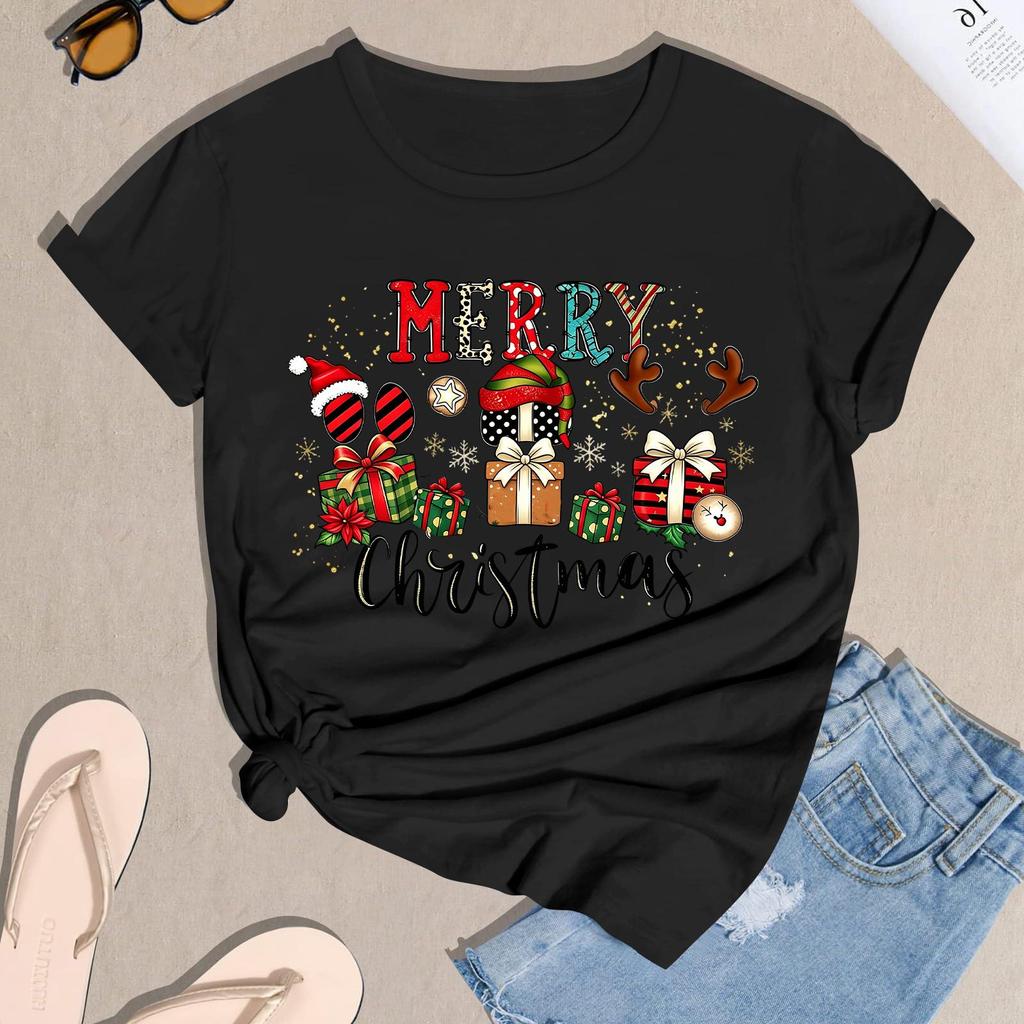 Damen Casual Weihnachten Bedrucktes Kurzarm-T-Shirt mit festlichem Feiertagsdesign