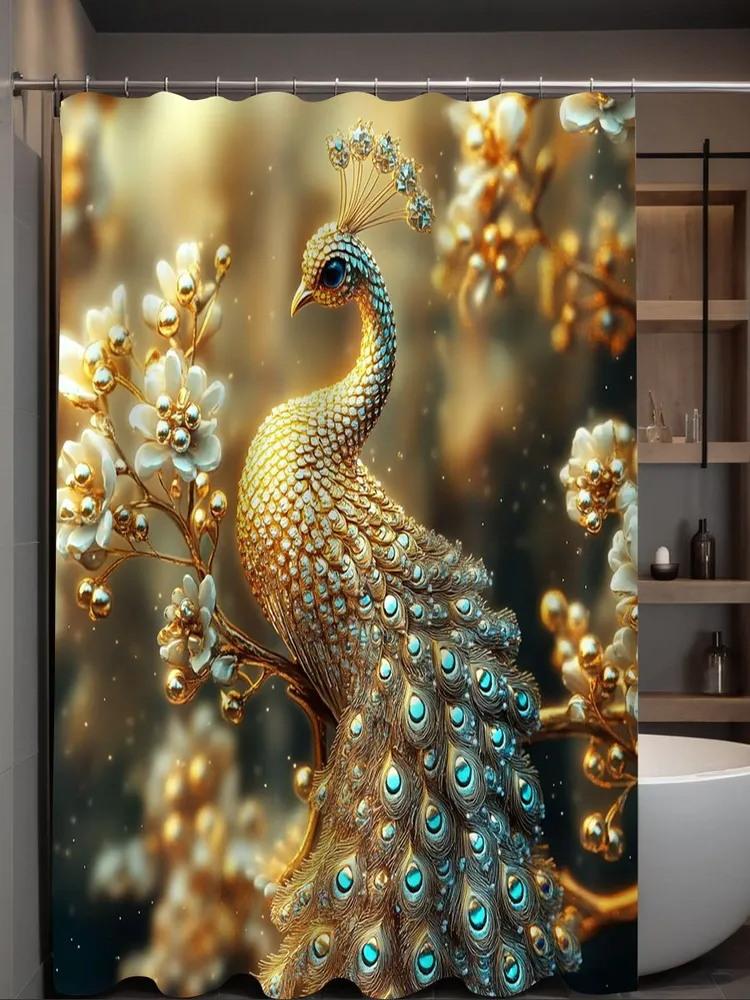 

Golden Peacock Luxury Shower Curtain Machine Washable All Season Waterproof Privacy Protection 2D Print Art Design Elegant W60H190(CM)-1 Pcs