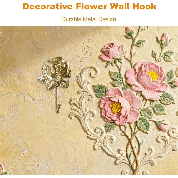 Gold Decorative Wall Hook Set Rose Flora Cute Hooks Vintage Brass Whimsical Flower Hooks for Towel Coat Hat Key Bag Scarf Robe Bathroom and Room