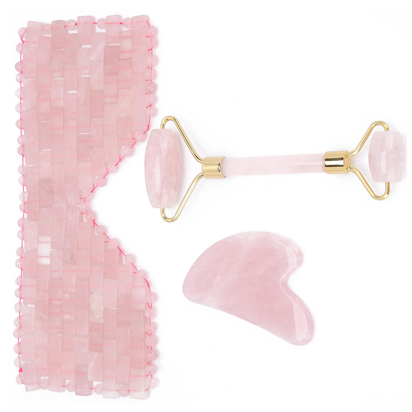 

3 шт. Роликовый массажер для лица из розового кварца с доской Гуаша для терапии с завязанными глазами, набор инструментов для косметического массажа