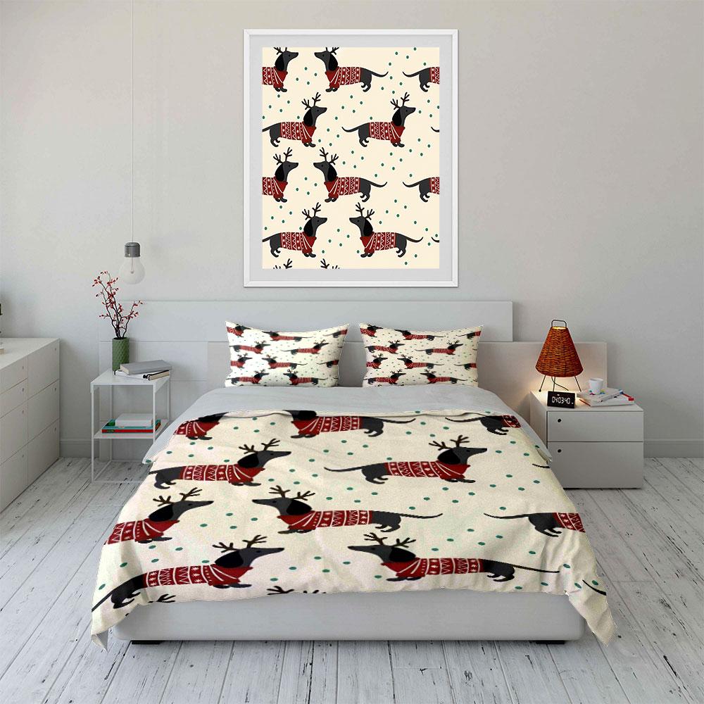 Dachshund Reindeer Sweater Print Bedding Duvet Cover Set Duvet Cover Pillowcases (1*Duvet Cover 2*Pillowcases, without duvet insert)