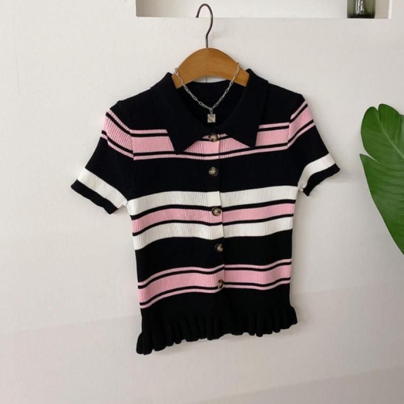 Honey J Women Centim Ribbed Stripe Color Frill Short Sleeve Cardigan  2Color 