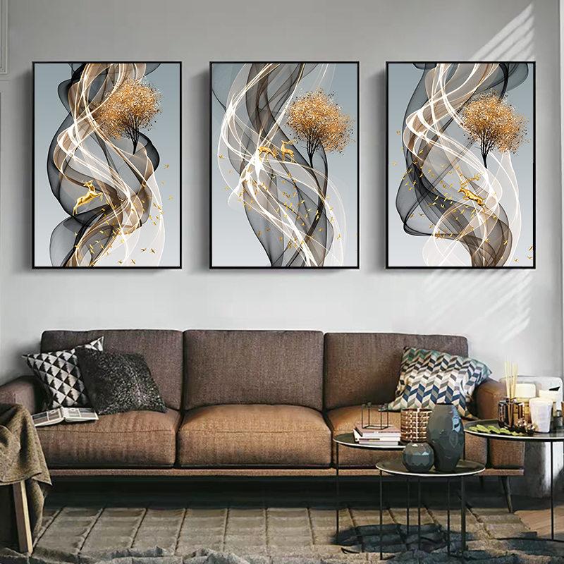Gold Line Luxury Canvas Painting Nordic Home Decor Wall Art Deer Poster and Print Abstract Minimalist Art for Living Room Design