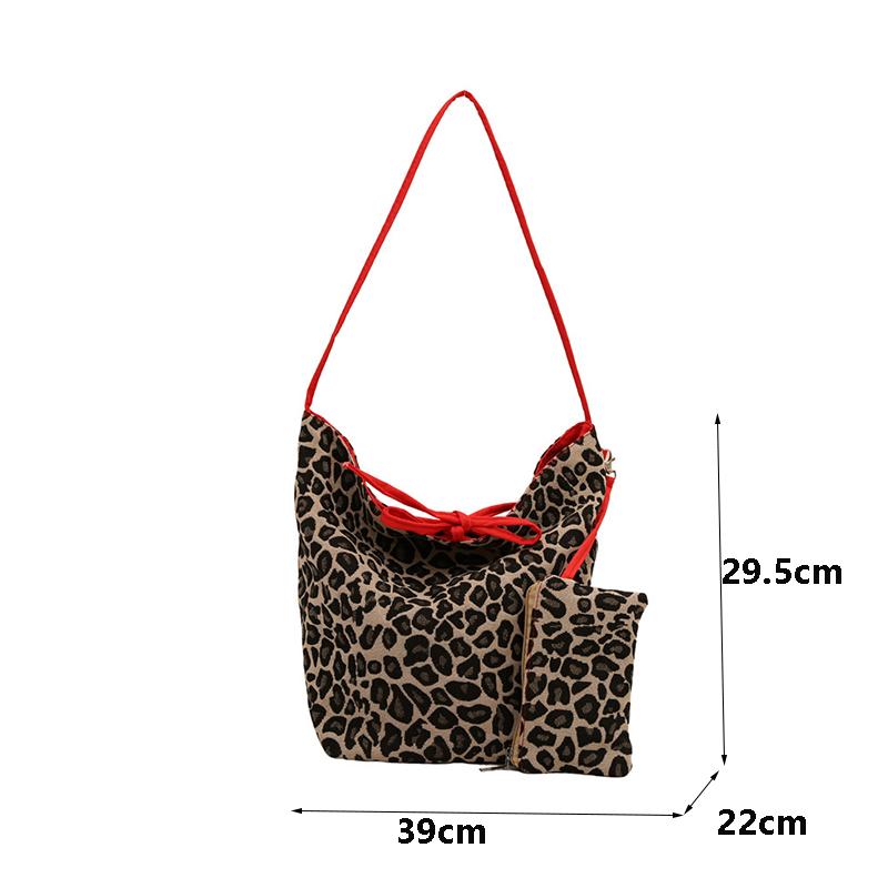 Korean Double Sided Leopard Print Bucket Shoulder Bag , Stylish Leopard Print Handbag for Women, Fashion Bow Large Capacity Crossbody Bag