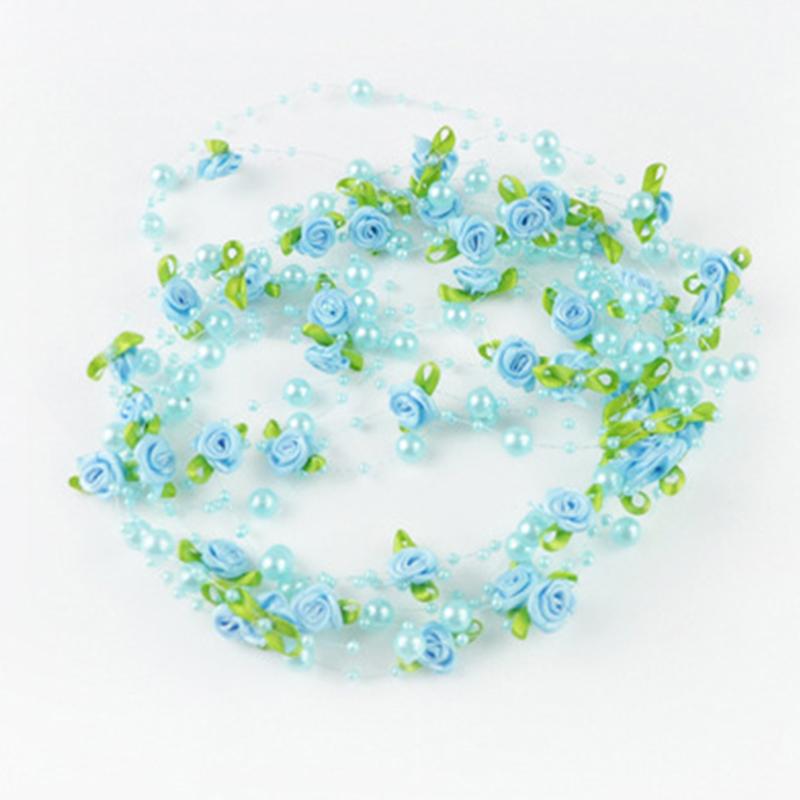 

Artificial Rose Flower String with Pearl Leaf Ribbon Garland for Diy Wedding Party Home Decoration Valentine s Day Gift Wrapping синий