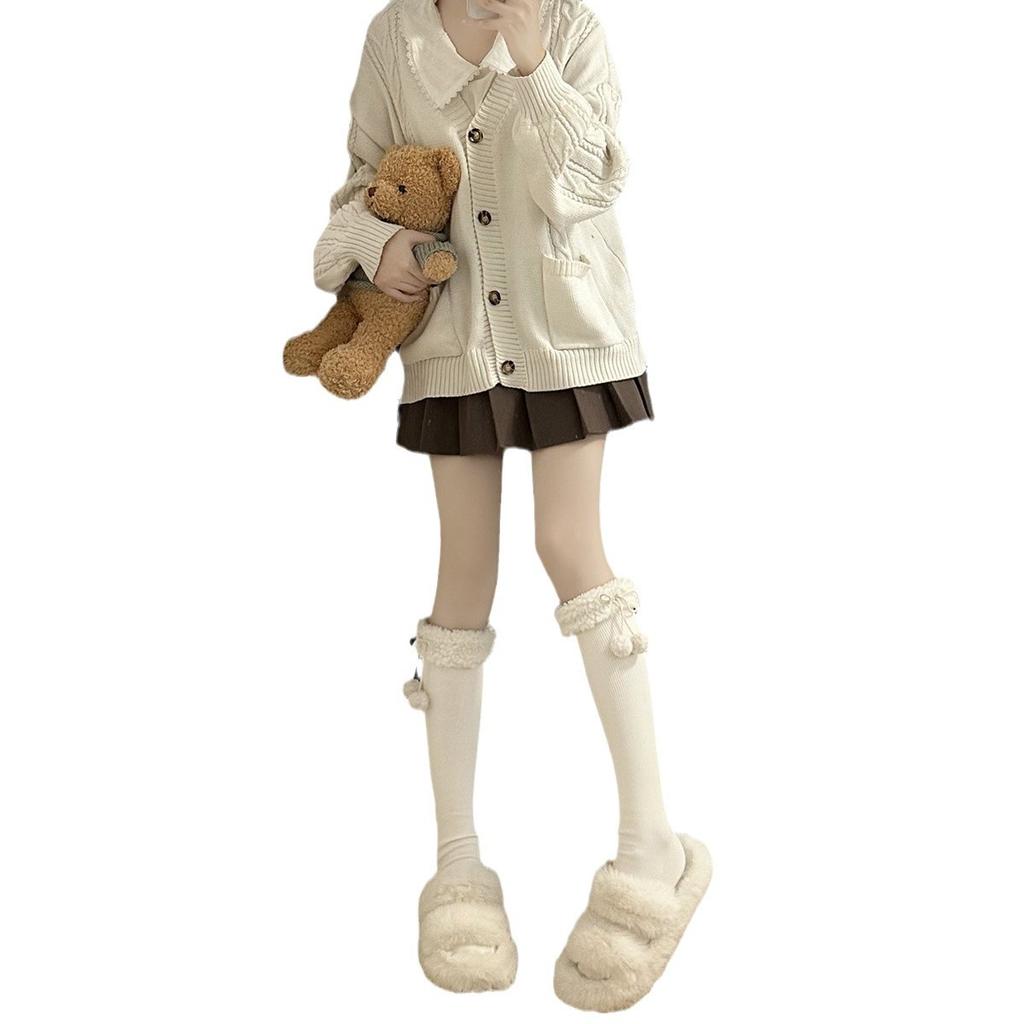 Hairball Plush Lolita Knee Socks Children Autumn And Winter Long Tube Thickened Japanese Jk Lolita White Calf Socks