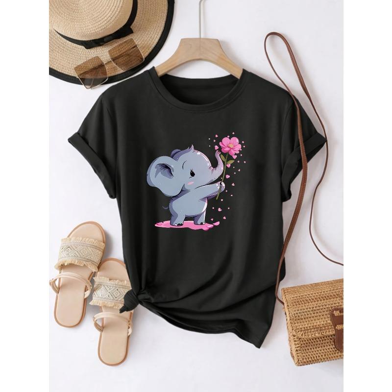 

European Size Women S Printed Short Sleeve T-Shirt, Casual Crew Neck, Animal Pattern, Small Elephant Design, Street Style, Regular Fit 4XL