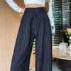 Herbst Vintage Gestreifte Lockere Damen Weite Hosen Knöpfe Frühling Hohe Taille Gerade Büro Voll Langes Hosen