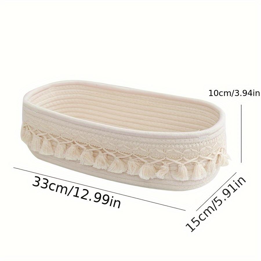 Boho Chic White/Khaki Rectangular Tassel Storage Basket Polyester Rope Organizer with Open Top for Living Room Bedroom Bathroom