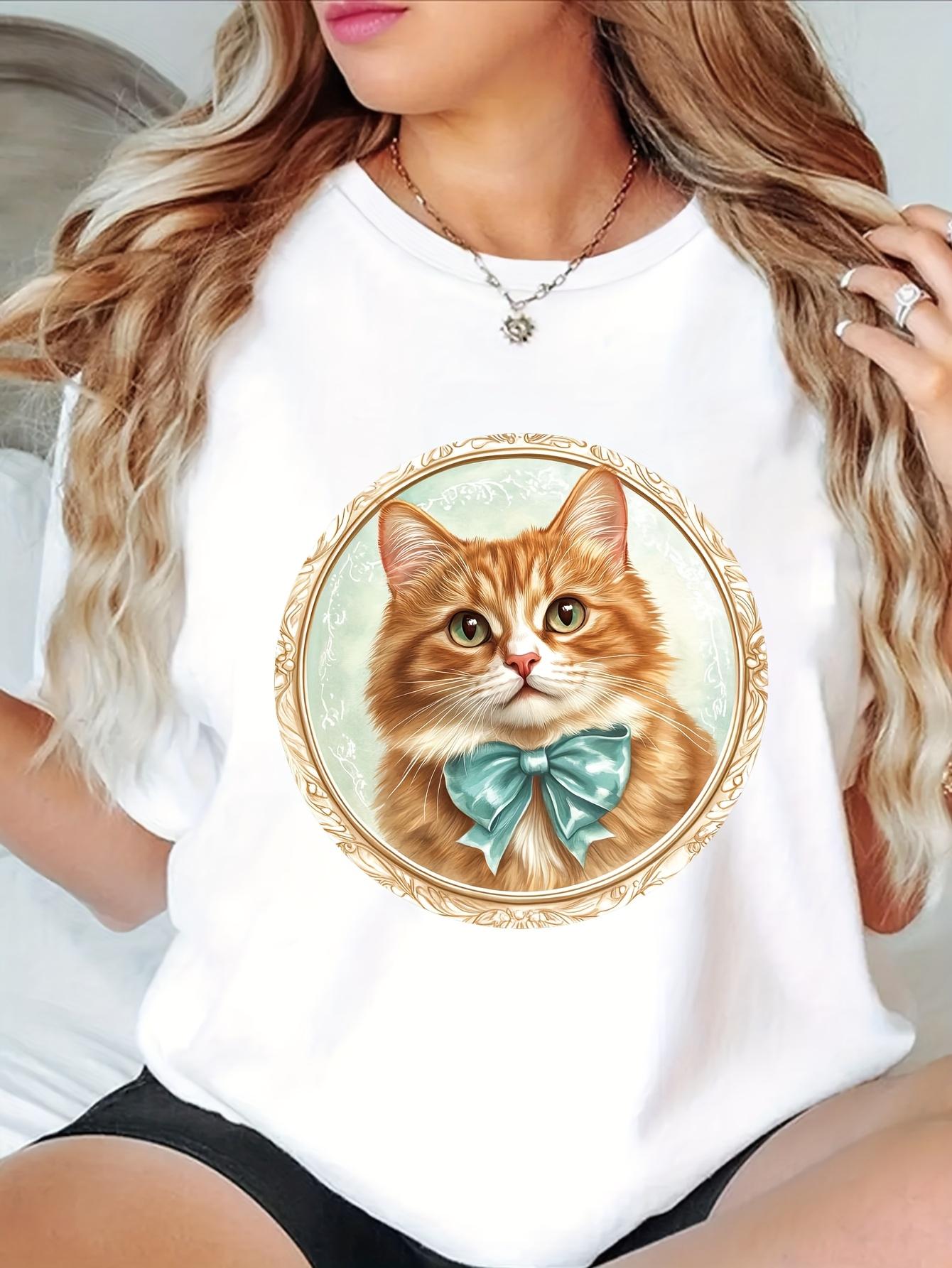 

2026 Womens Summer Casual Cat Print TShirt Cute Kitten with Bow Tie Lovely Pet Graphic Tee Short Sleeve Crew Neck Top S
