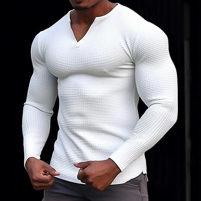 2024 Spring Autumn Men Casual Waffle T-shirt Clothing Fitness Muscle T-shirt Long Sleeve Solid V-Neck Basic Breathable Top