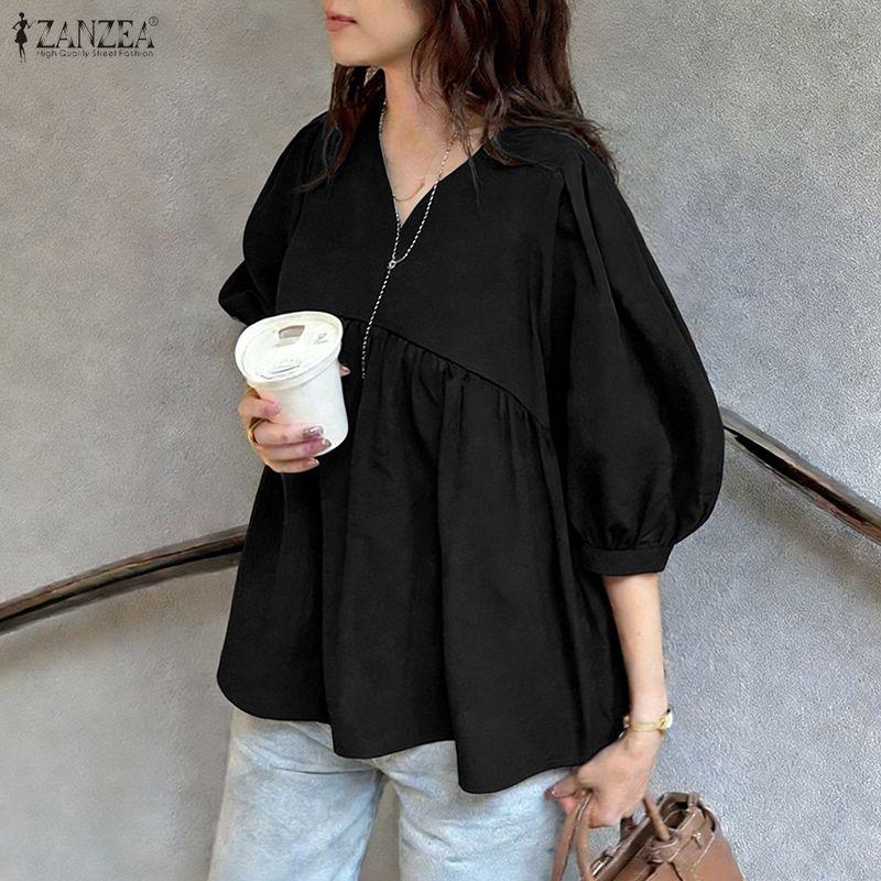ZANZEA חולצת נשים קז'ואלית עם צווארון וי בצבע אחיד ושרוולי 3/4