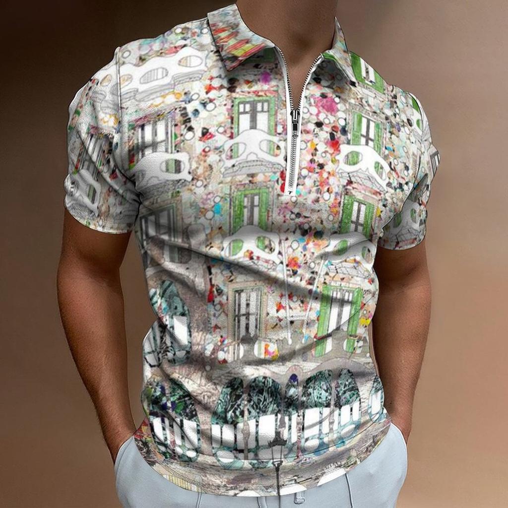 Must-Have: Sketch Print Half-Zip Short Sleeve Polo, Casual Style