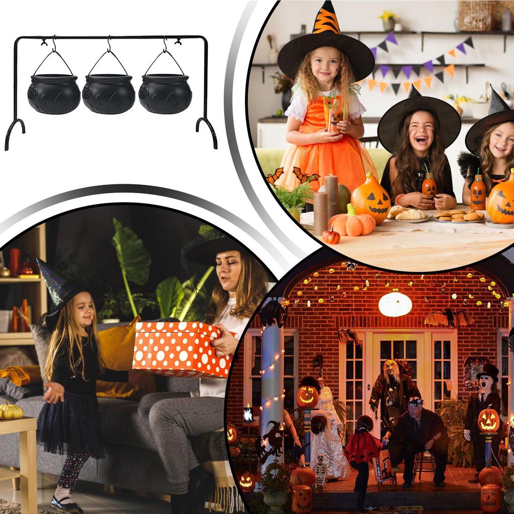 Halloween Witch Bucket 3 Can Iron Rack Set Candy Bucket Cauldron Candy Bowl Iron Pot Bucket for Treat Kitchen Dining Home Decor