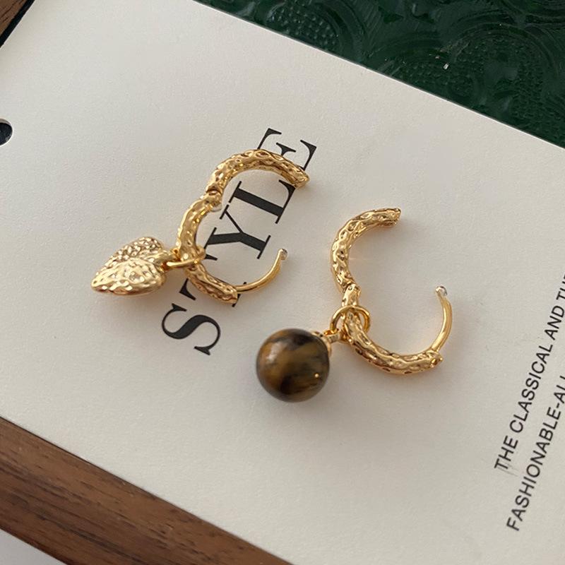 Autumn And Winter Merad Tiger'S Eye Stone Ear Buckle Love Asymmetrical Earrings Temperament Niche Retro High-End Earrings Earrings