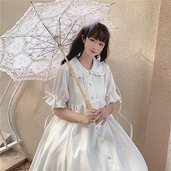 Lady Lazy Lolita Short Sleeve Round White Dress, Collar, Knee-Length, (L)