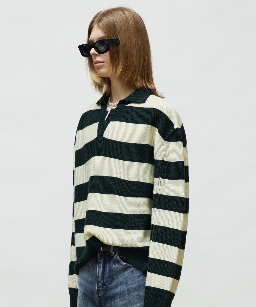 LMOOD Preppy Striped Pullover Knit Deep Green