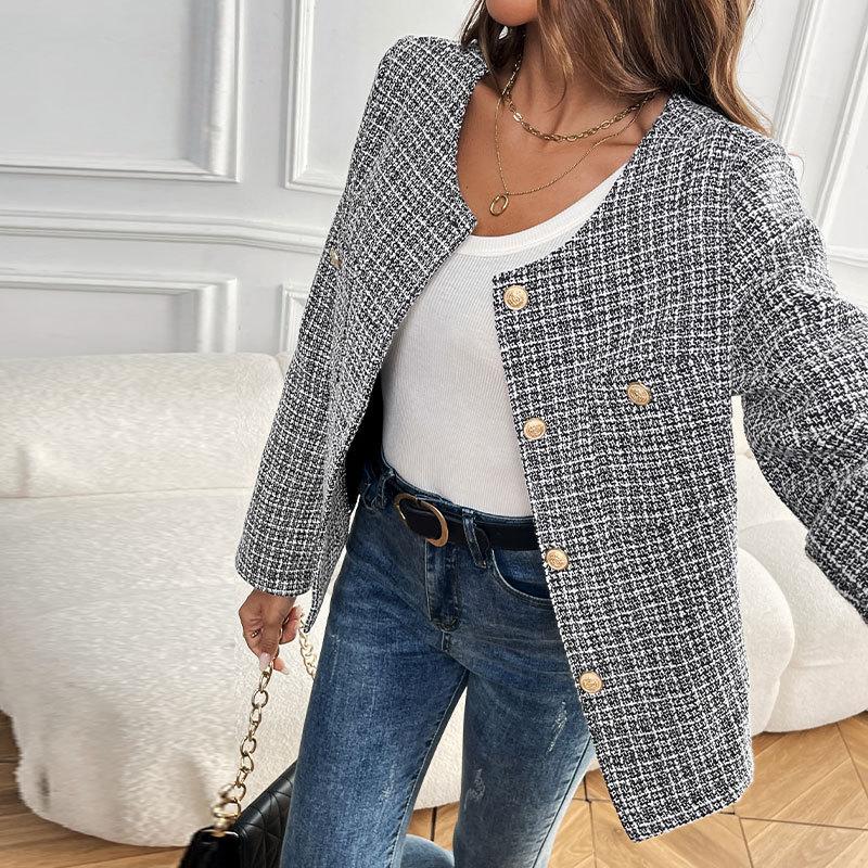 New Style Women's Autumn and Winter Elegant Loose Metal Button Single-breasted Plaid Coat
