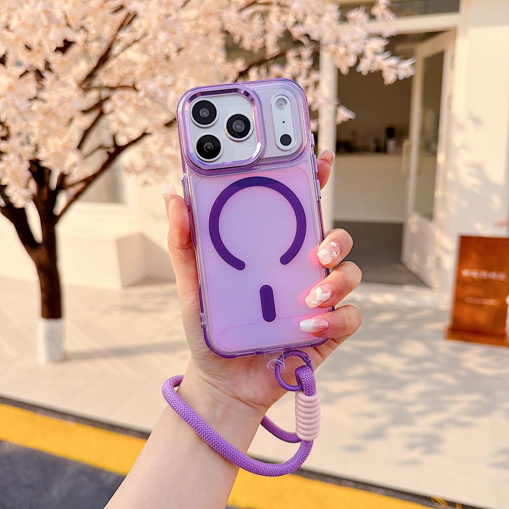 High-Quality Gradient Color Translucent Case with Wireless Charging and Magnetic Phone Strap for iPhone 14, 15, 16, 17 Pro Max E