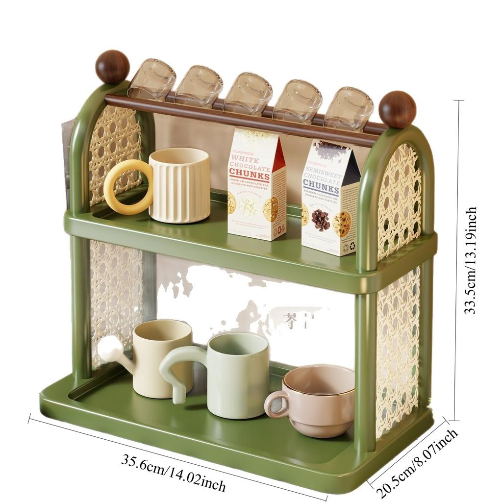 Mid-Century Modern Cup Stand Multi-Tier Wooden Mug Rack with Drip Tray Countertop Coffee Mug Organizer Kitchen Multi-Tier Shelf