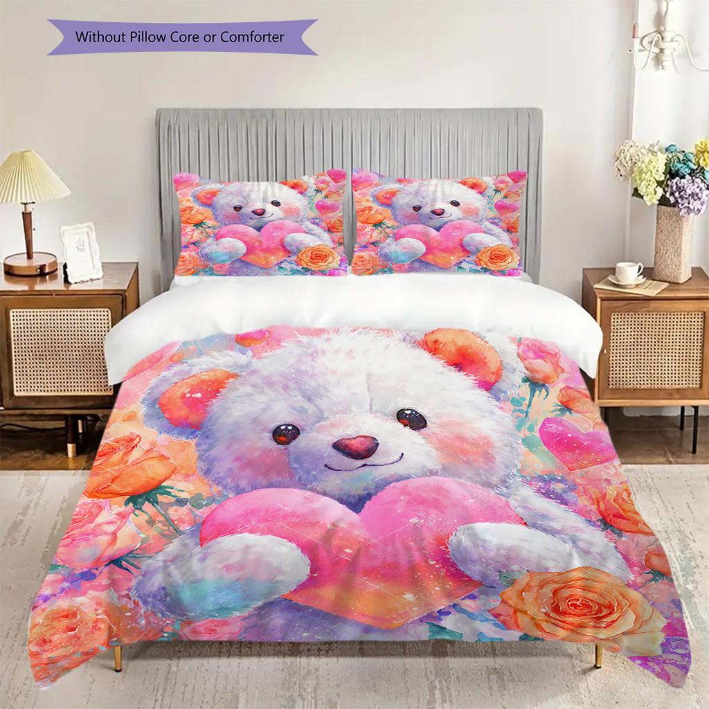 Bear Doll Pattern Bedding Quilt Set Quilt Cover Pillowcase Home Decoration Birthday Gift (1 * duvet cover + 2 * pillowcase, without core)
