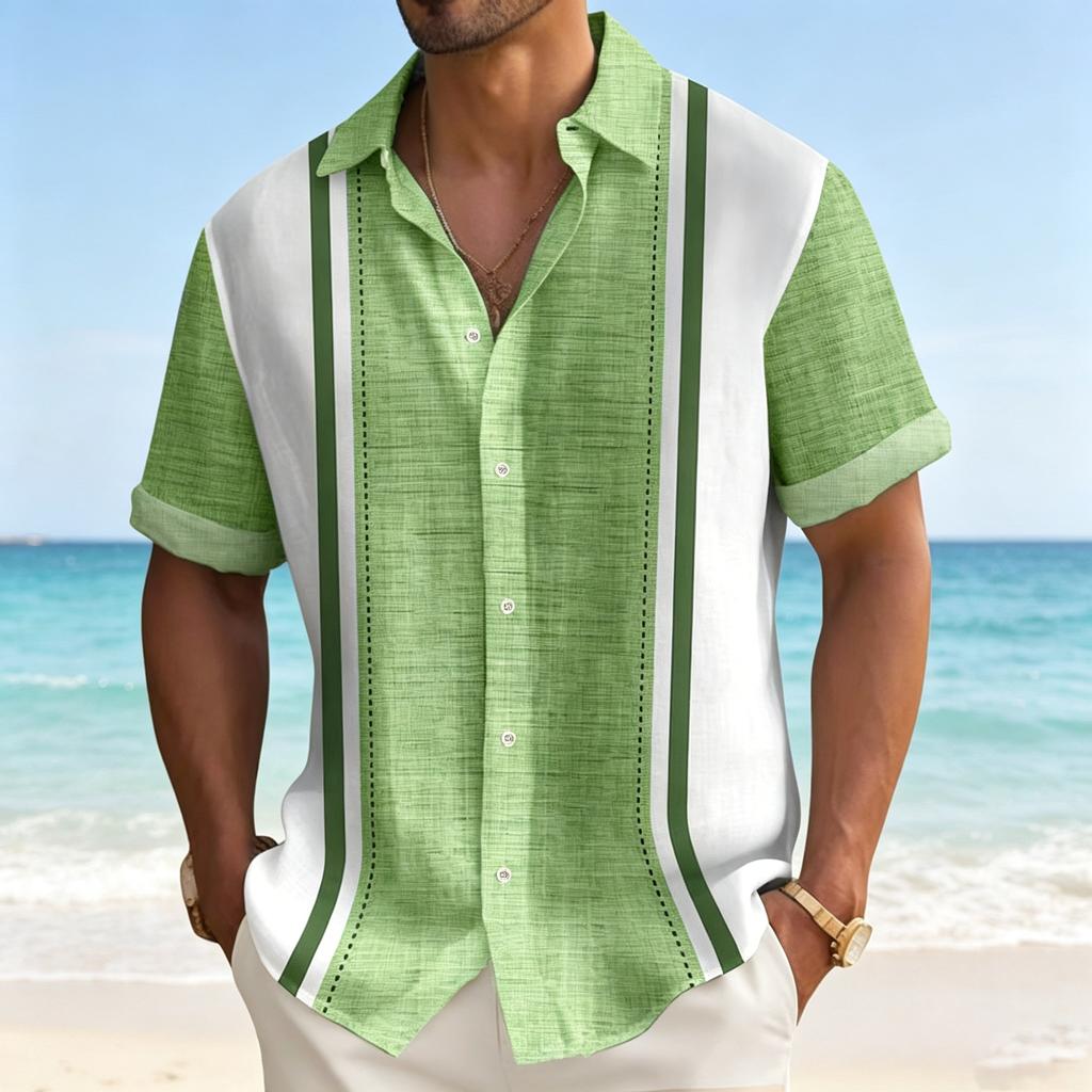 Men's Casual Loose Fit Short Sleeve Button Down Shirt with Vertical Stripe Print Lightweight Breathable Fabric for Daily Wear
