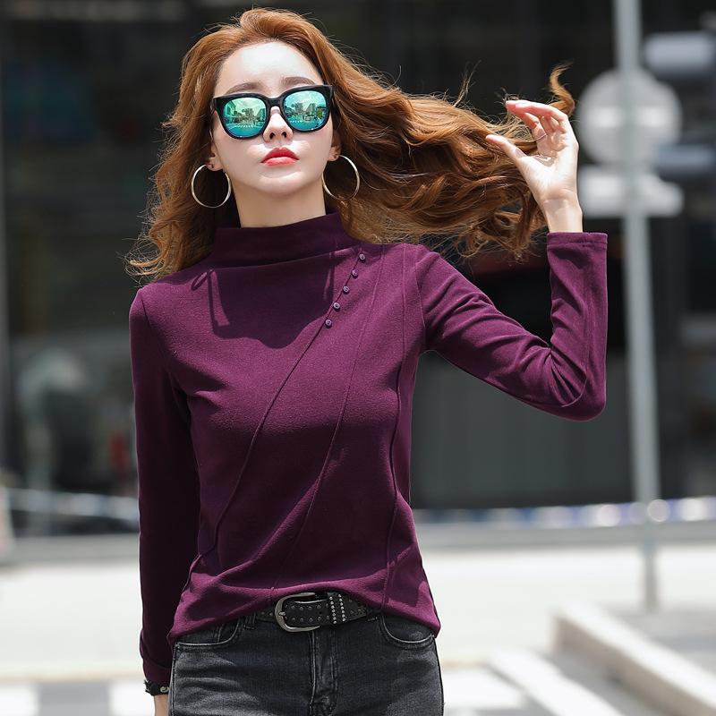 Damen Neues Deutsches Samt Herbst und Winter Slim Base Shirt für Damen Langarm T-Shirt mit A 10-Länge Halbhals Enges Shirt