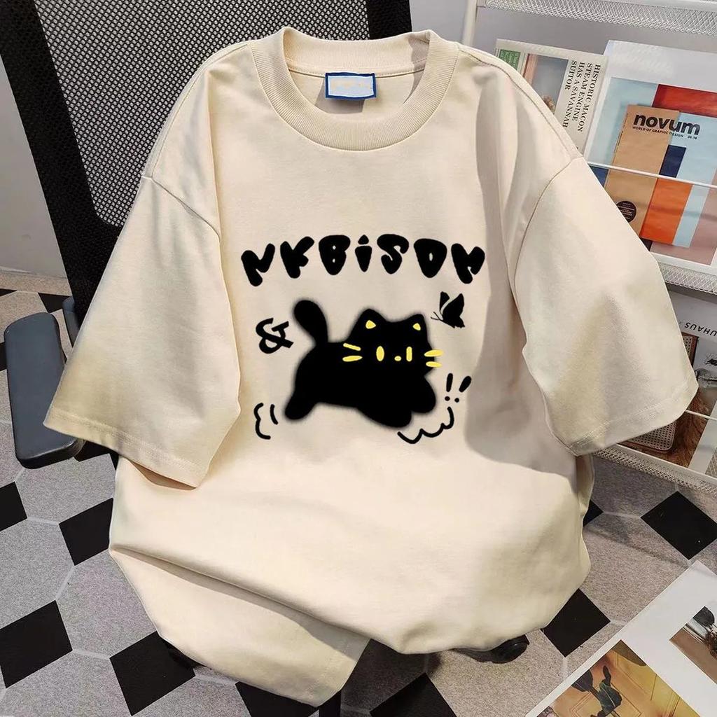 Cotton Cat Print Summer Short-sleeved T-shirt Women's Loose Casual and Thin Versatile Crew Neck Couple Heavy Ins