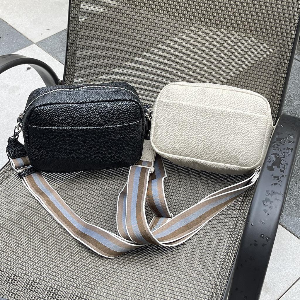 Genuine Leather Small Square Women's Bag 2024 New Lychee Pattern Casual Versatile Simple Striped Shoulder Strap Multi-Pocket Sweet Shoulder