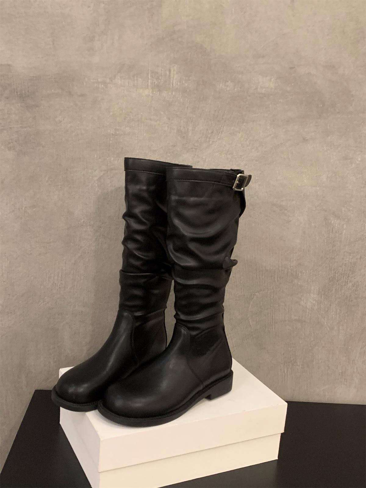 

Грубый каблук хаки штабелируемые сапоги длинные сапоги женская обувь 2024 новые весна и осень зима тонкие средние сапоги-трубы рыцарские сапоги 35 чёрный