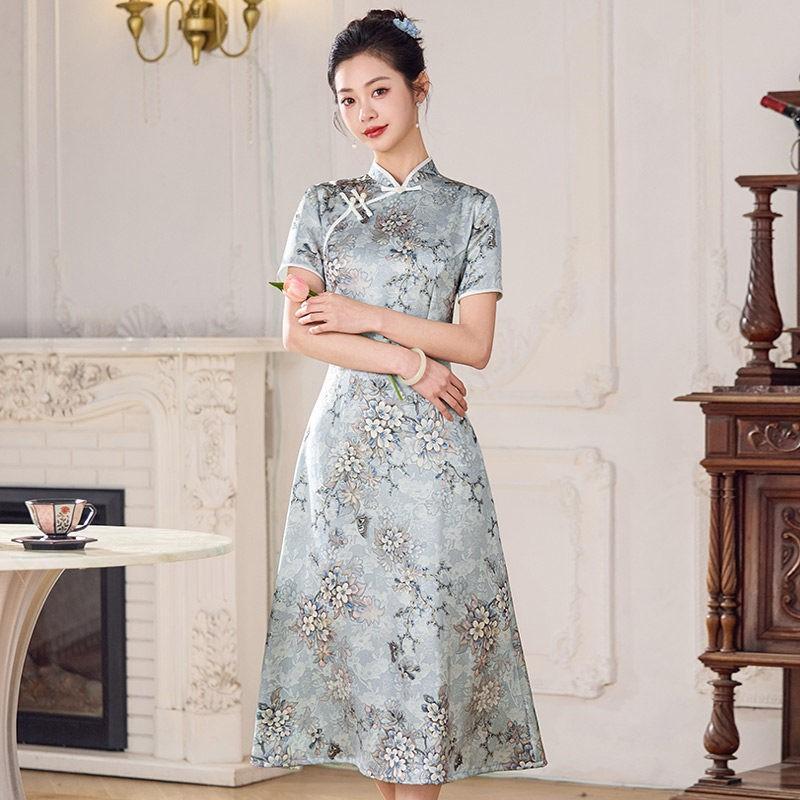 Womens Modern Chinese-Inspired Long Cheongsam Dress 2026 Stylish Everyday Wear With Stand Collar Medium