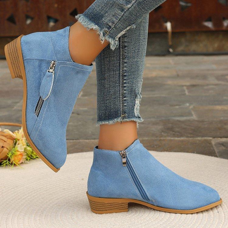 New Women's Wide Width Platform Martin Boots Solid Color Pointed Toe Side Zipper Ankle Boots Chunky Sole