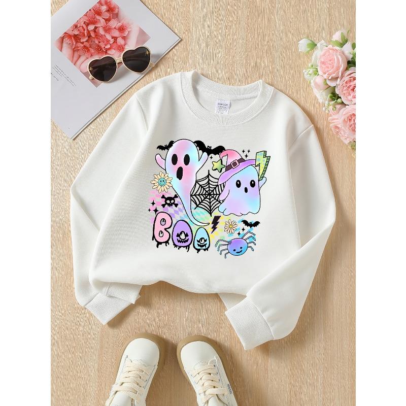 European Sizes Girls' Long-Sleeve Crewneck Sweatshirt "Cute for Halloween Ghosts" Printed Top, Casual for Celebrations & Everyday Wear
