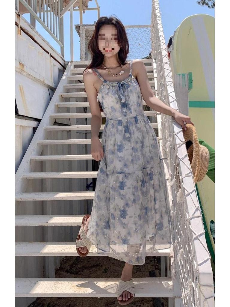 Elegant French Style Floral Spaghetti Strap Long Dress - Summer Slimming Resort Wear