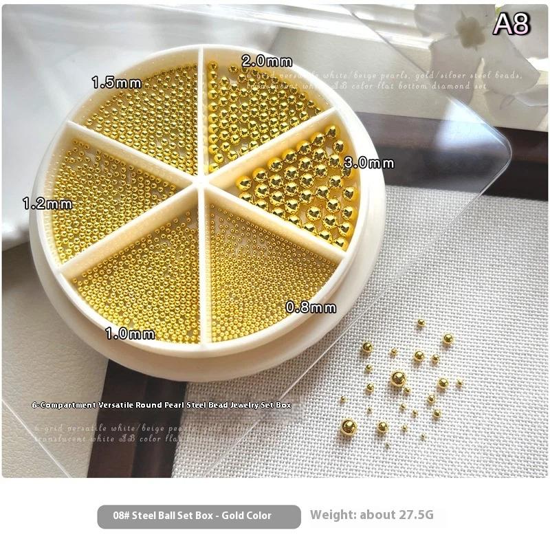 6 Grids Mix Mini Pearl Small Stainless Steel Caviar Beads Nail Art Rhinestones Nail Art Decorations Silver Gold Charm Gel Polish
