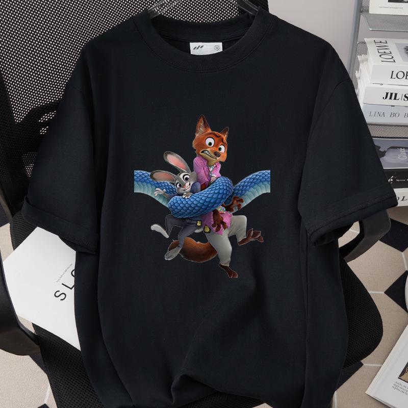 Hot Selling Cartoon Animal Print Pure Cotton T-shirt - 260g, Round Neck, Short Sleeve, Adult