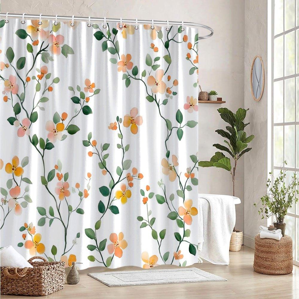 1 Delicate Orange And Peach Floral Shower Curtain, Soft Watercolor Design, With Hooks, Polyester Fabric, Machine Washable