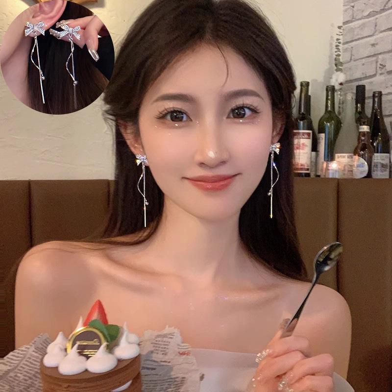 Korean-Style High-End Tassel Bow Earrings - Elegant Long Design for Women