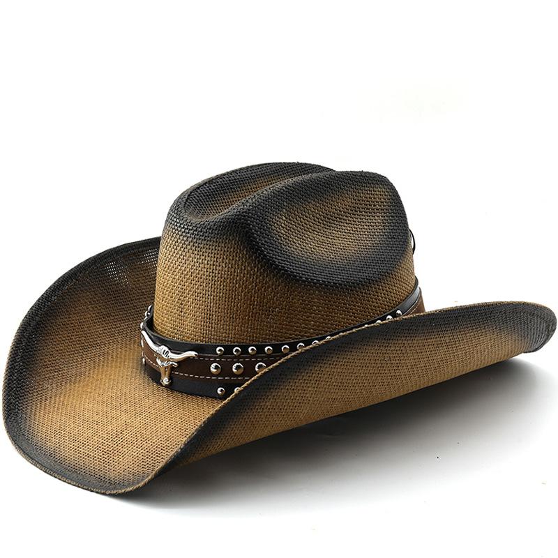 Vintage bull head embellished wide brim straw hat - western cowboy hat for men and women, perfect for vacation and beach