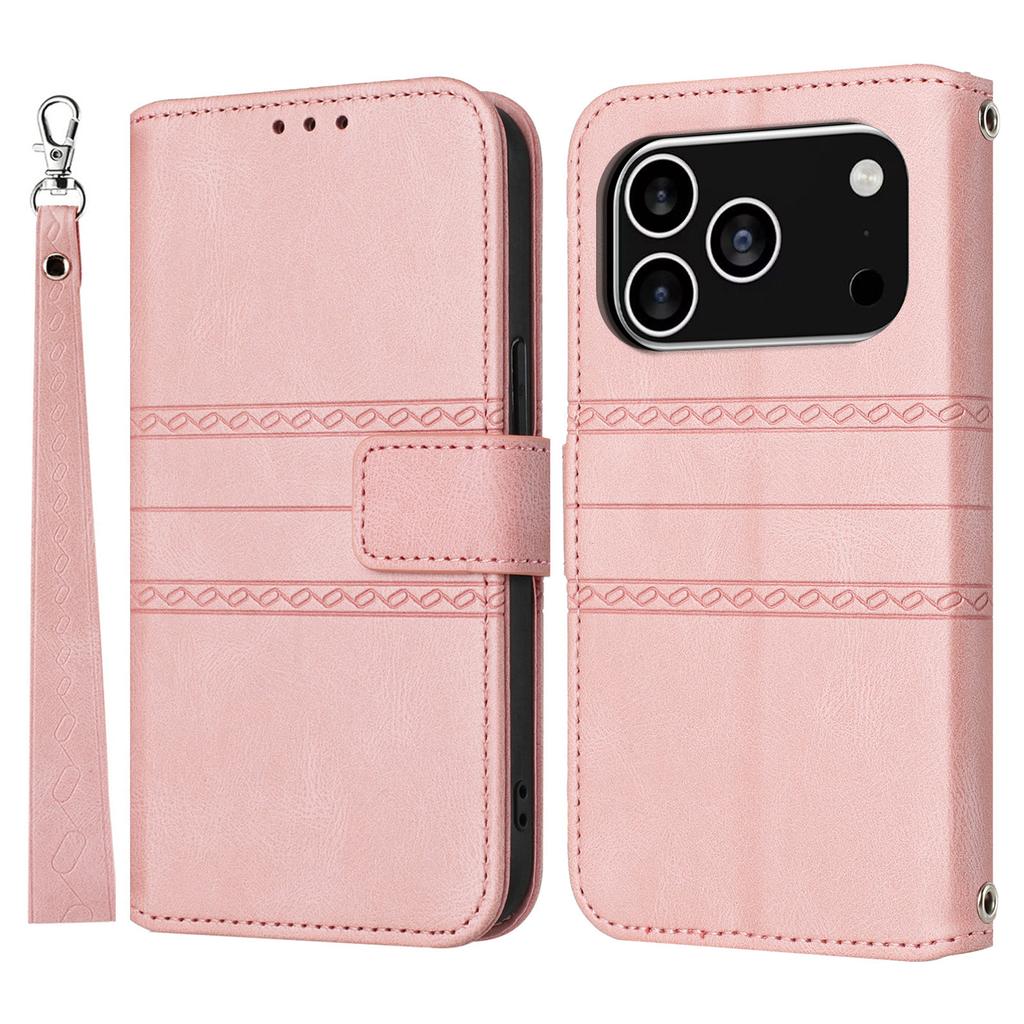For iPhone 17 Pro Case Wallet Skin-Touch Leather Imprinted Phone Cover with Wrist Strap