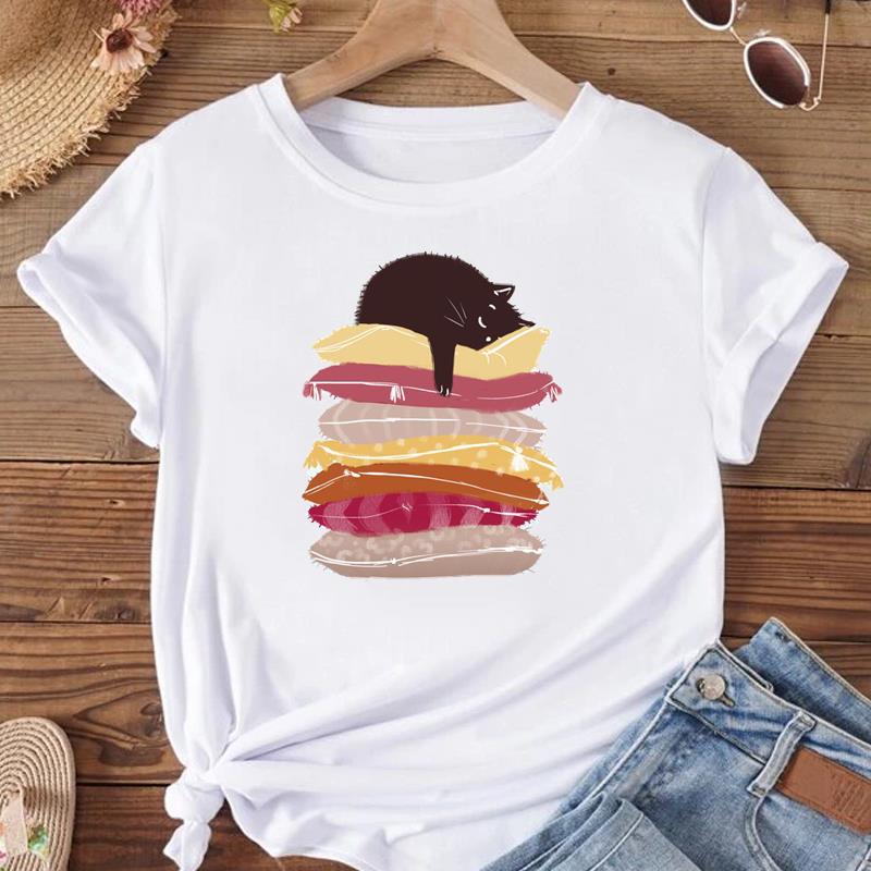 European Size T Shirt Women Cat Face Style Trend 90s Print Tee Top Fashion Female Clothing Short Sleeve Graphic T-shirts