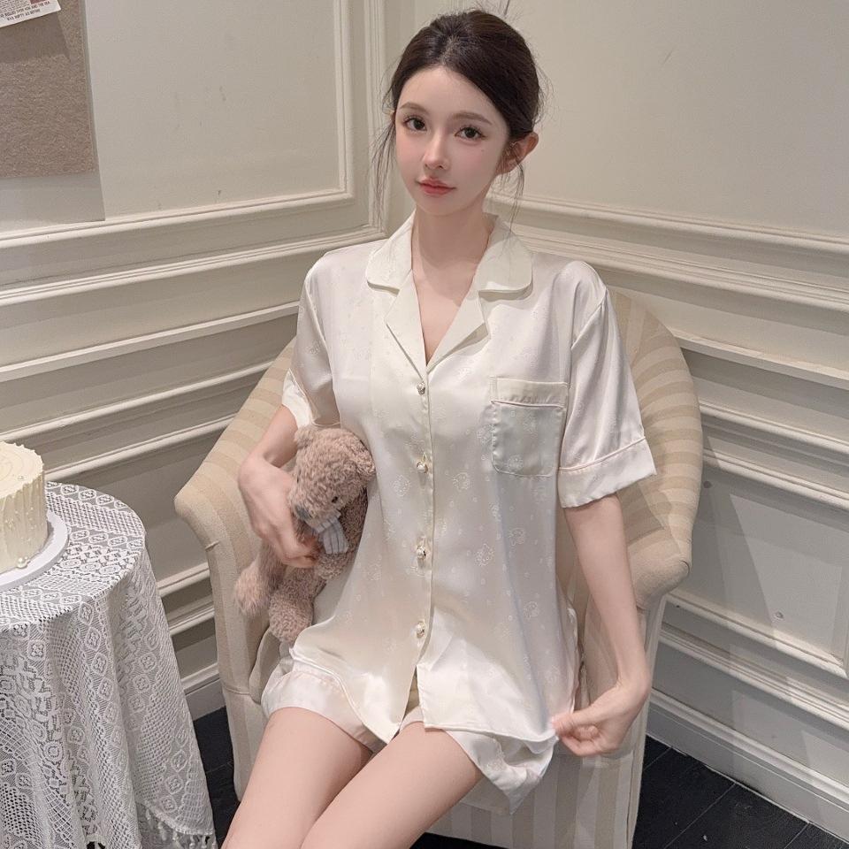 1011 Summer New Ice Silk Pajamas Women's Short-sleeved Shorts Sweet Wind Thin Lapel Loungewear Set Can Be Worn Outside