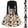 Women's Vintage Christmas Print Long Sleeve Round Neck Evening Party Dress for Holiday Events