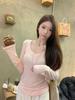 Autumn Korean Grey V-Neck Slim-Fit Cotton Long-Sleeve Women's T-Shirt