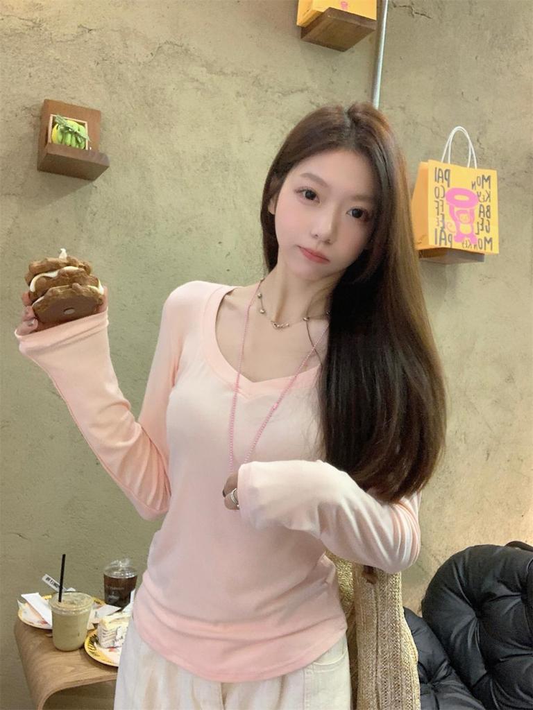 Autumn Korean Grey V-Neck Slim-Fit Cotton Long-Sleeve Women's T-Shirt