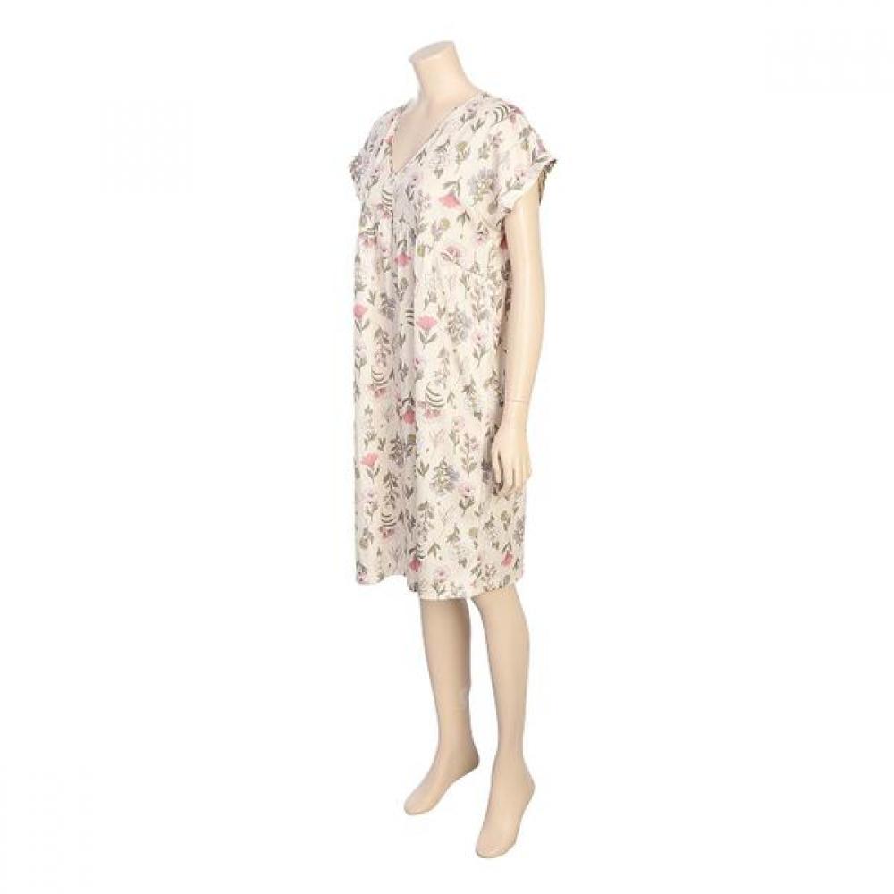 Beige Flower Cool Cotton Modal Short Sleeve Easy Dress  Ggw1033l 