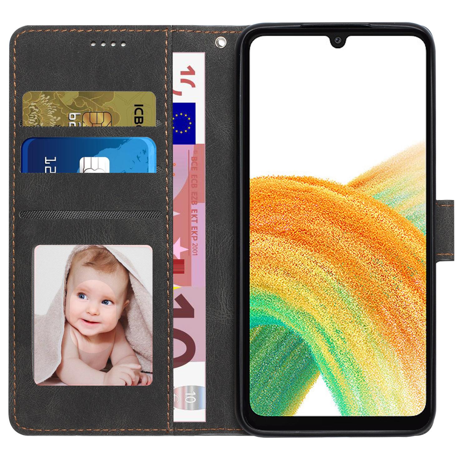 

For Samsung Galaxy A24 4G (162.1 x 77.6 x 8.3mm) Drop-proof Leather Phone Case Stand Wallet Cover with Strap Black