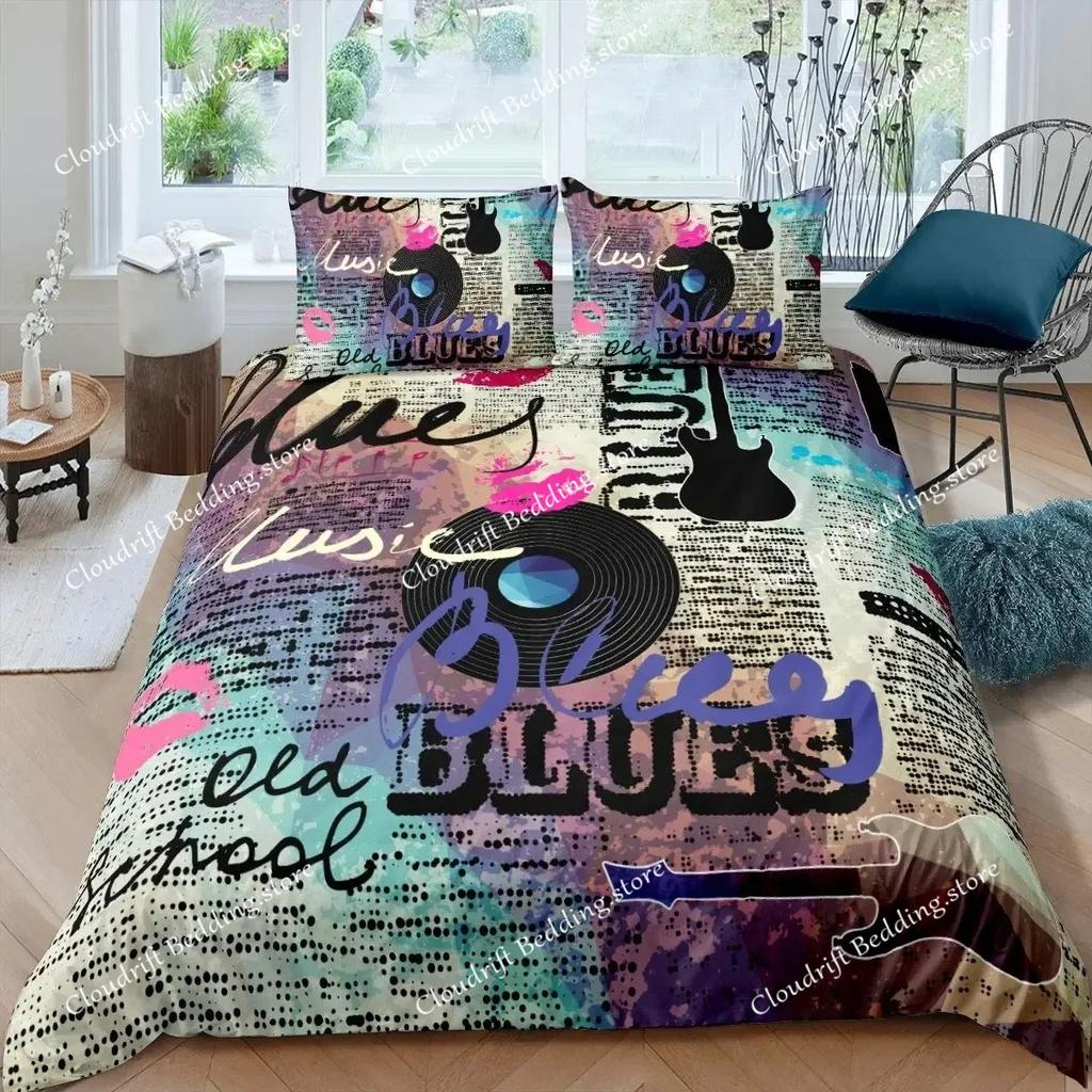 Musical Bedding Set Queen Size Music Theme Bedding Duvet Cover Set for Boys Decor Disc Comforter Cover Set Record Quilt Cover