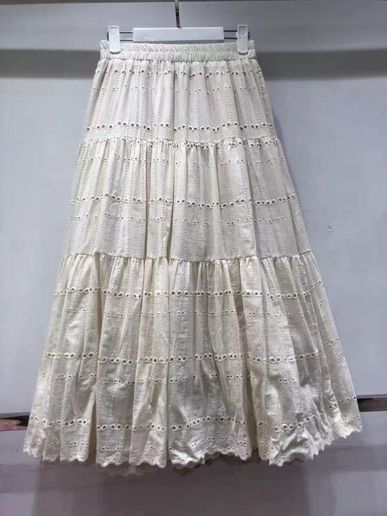 Autumn French Chic Cotton Embroidered Lace Midi Skirt with Flare Umbrella Style